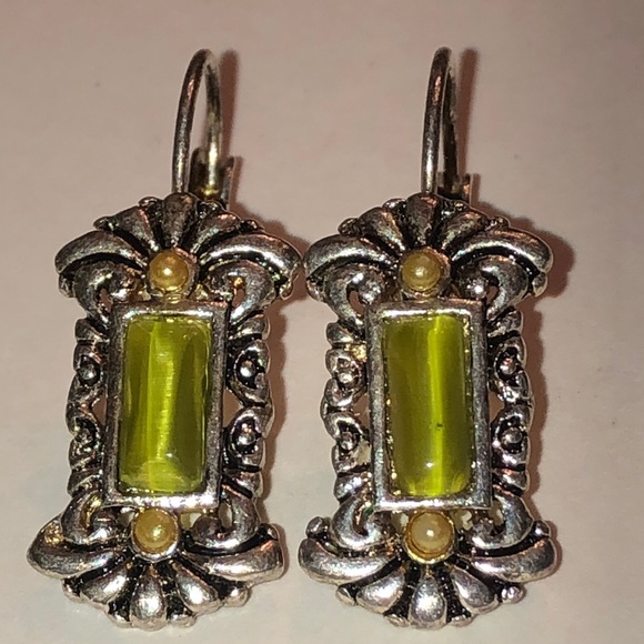 Jewelry - Elegant Silver Tone and Green Cat Eye Boho Earrings